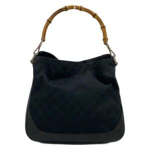 Gucci Bamboo Handbag 14095 Black Light Brown Jacquard Leather